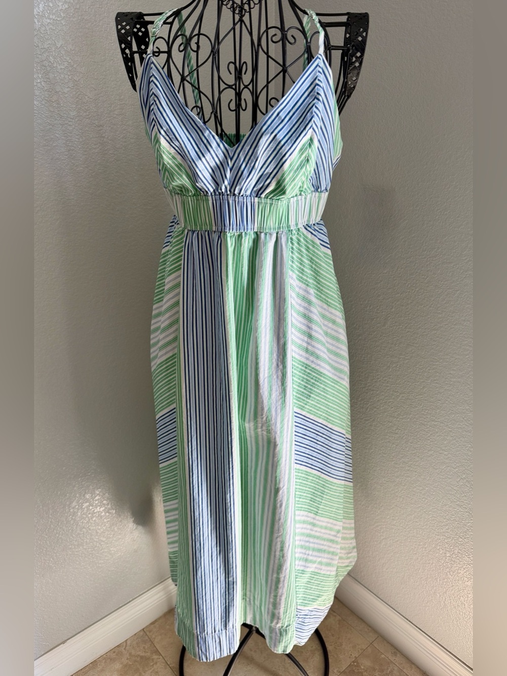 NWT : ( M ) Midi Dress Striped Flattering V-Neck in Green & Blue